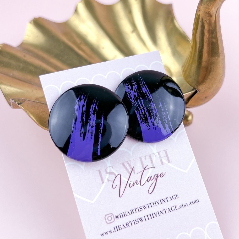 Vintage 80s Black with Purple Design Statement Stud Earrings